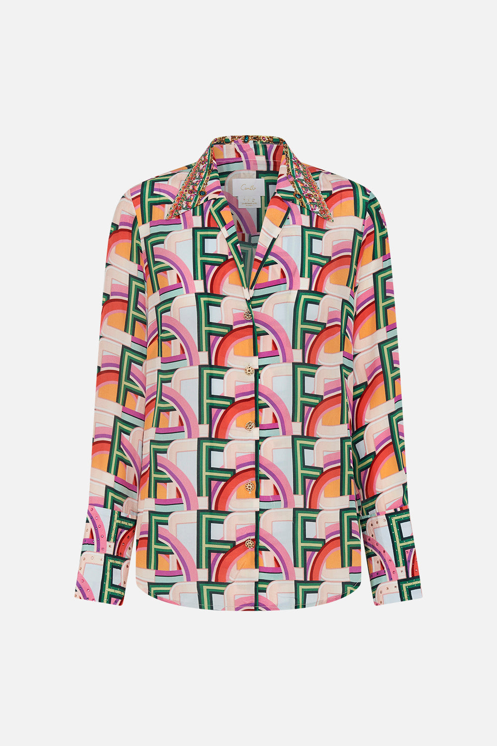 Product view of CAMILLA printed silk shirt in An Italian Welcome print