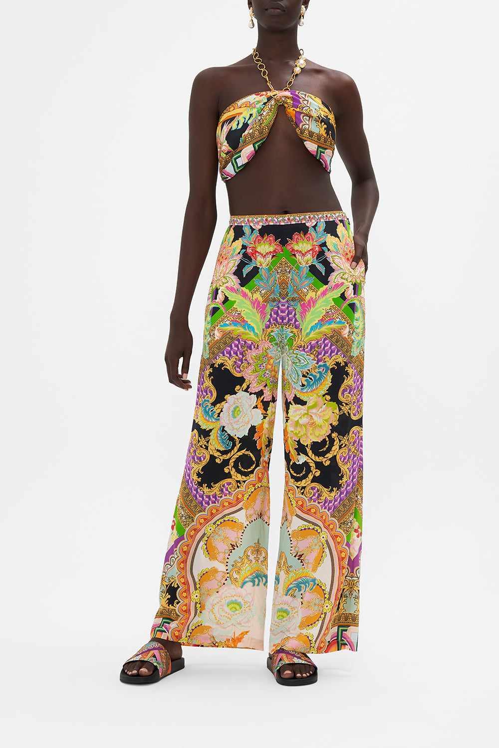 Front view of model wearing CAMILLA silk wide leg pant in Sundowners in Sicily print