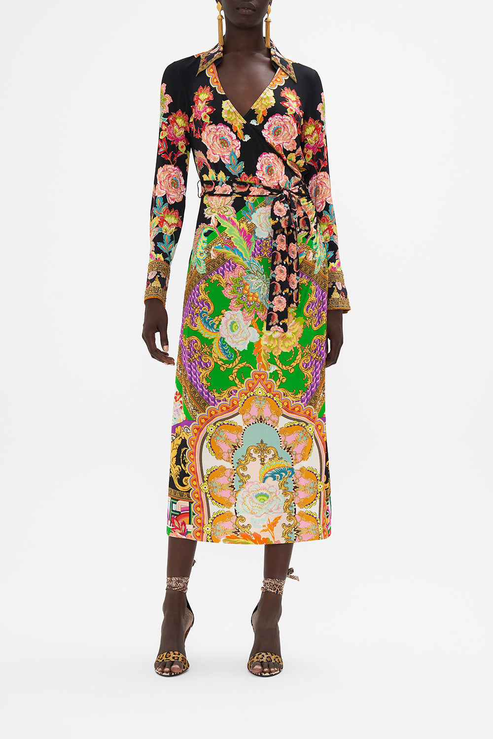 Front view of model wearing CAMILLA printed jersey wrap dress in Sundowners In Sicily print