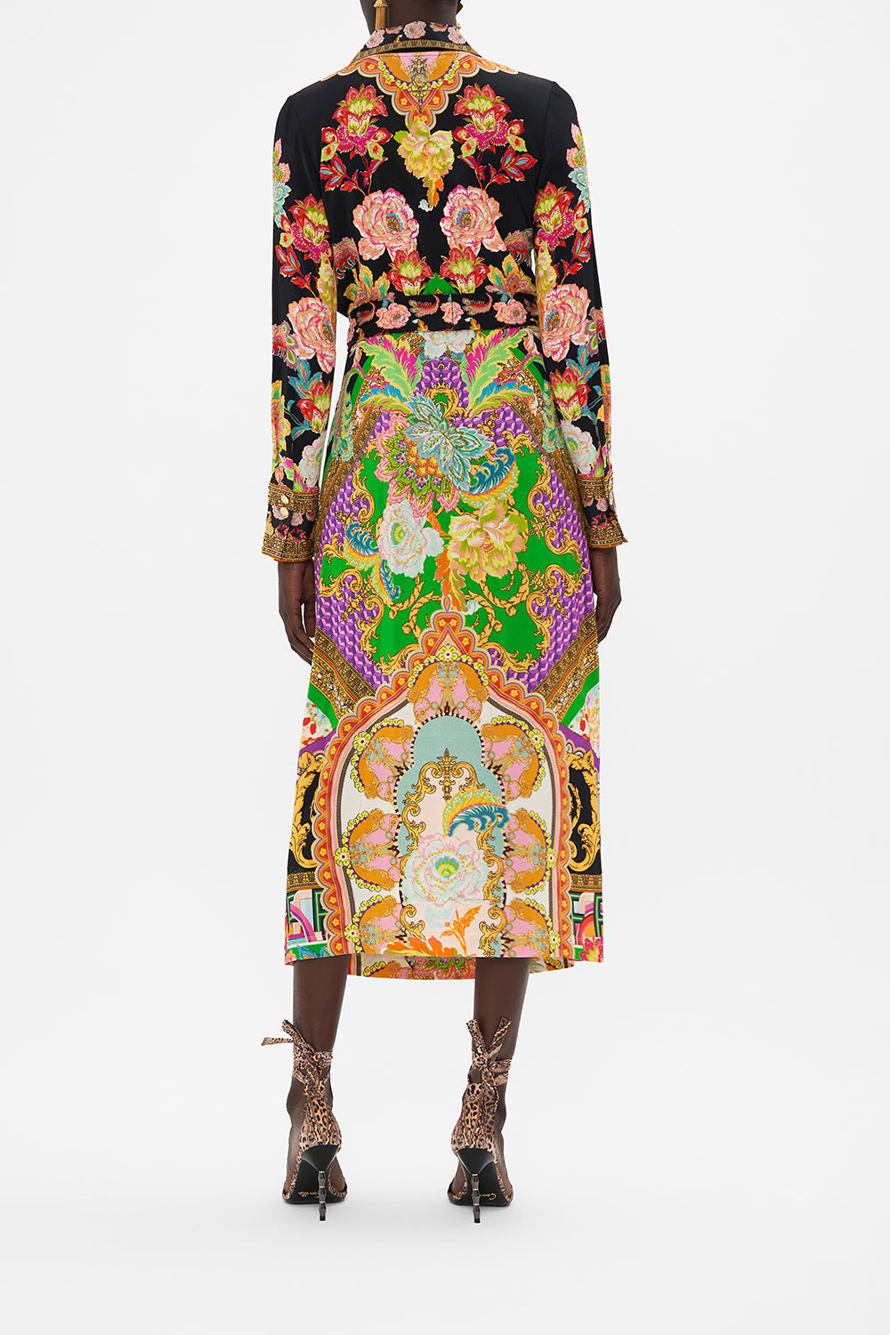 Back view of model wearing CAMILLA printed jersey wrap dress in Sundowners In Sicily print