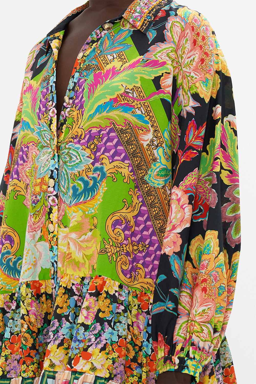 Detail view of model wearing CAMILLA printed shirt dress in Sundowners in Sicily print