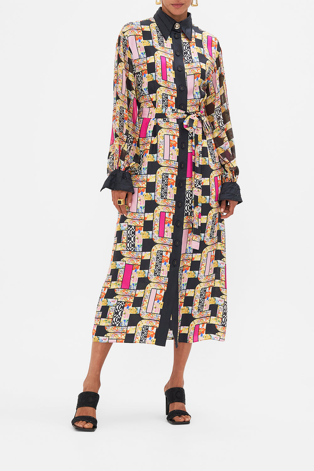 Front view of model wearing CAMILLA silk button down dress in Signora Milano print