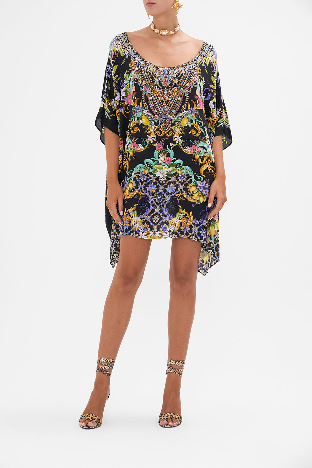 Front view of model wearing CAMILLA silk kaftan in Meet Me In Marchesa floral print