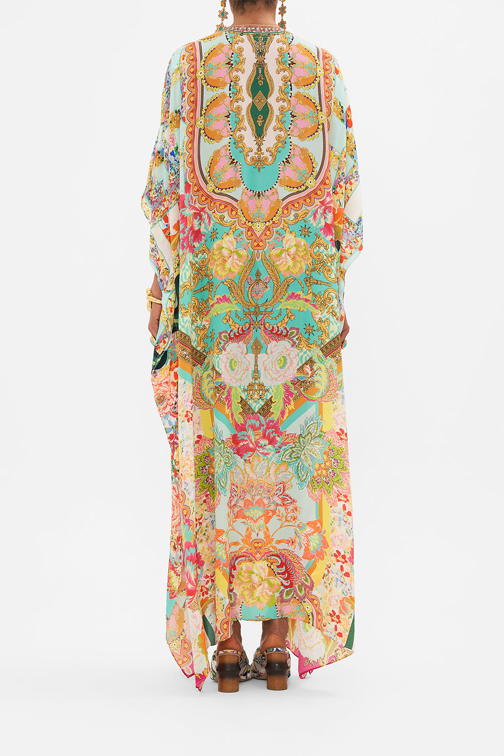Back view of model wearing CAMILLA silk printed kaftan in An Italian Welcome print
