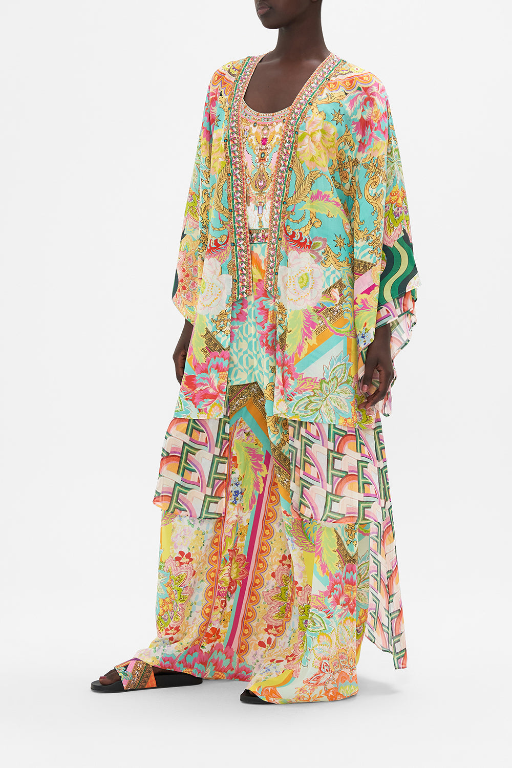 Side view of model wearing CAMILLA silk kimono in An Italian Welcome print