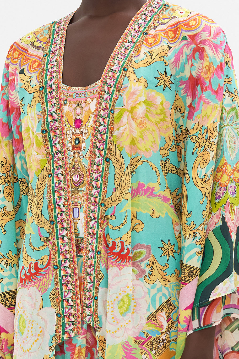 Detail view of model wearing CAMILLA silk kimono in An Italian Welcome print