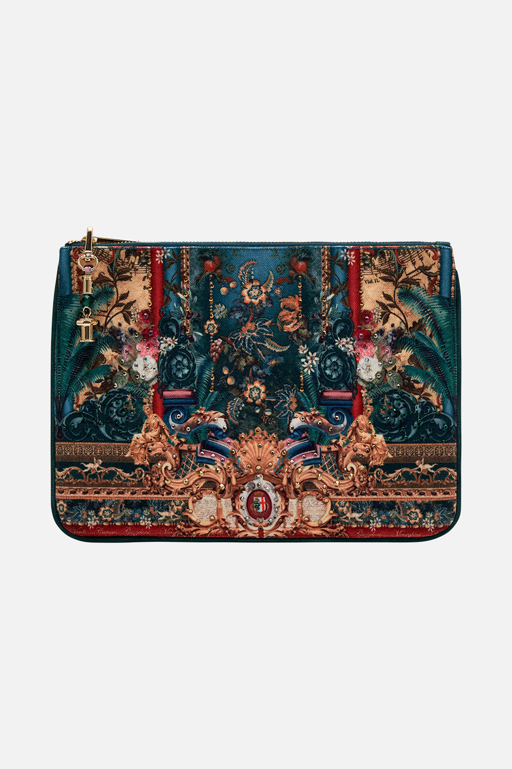 Product view of CAMILLA green small clutch in Verdis World print