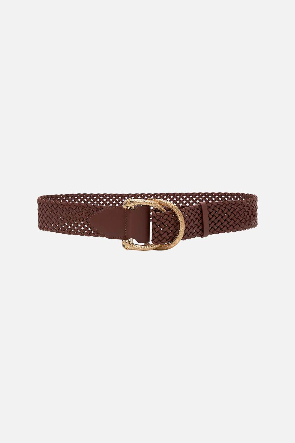 Product view of CAMILLA double D ring leather belt in tan
