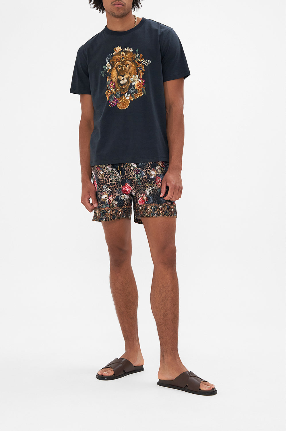 Front view of model wearing HOTEL FRANKS BY CAMILLA mens black tee in A Night At The Opera print