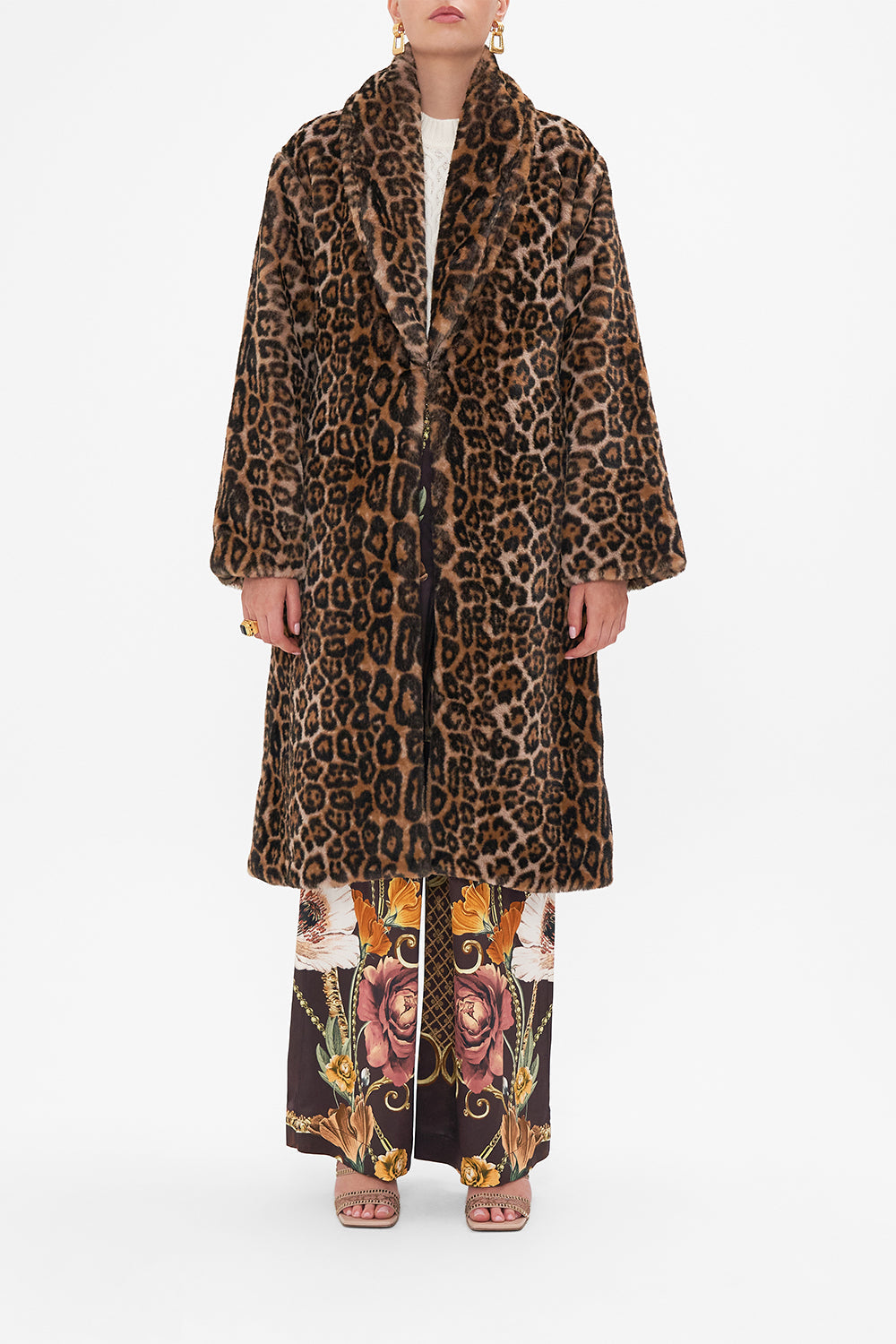 Front view of model wearing CAMILLA leopard print fur coat in Wave Your Wand