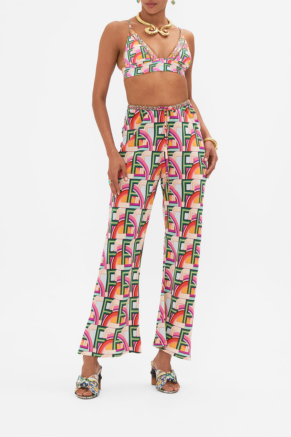 Front view of model wearing CAMILLA lingerie soft bra in An Italian Welcome print