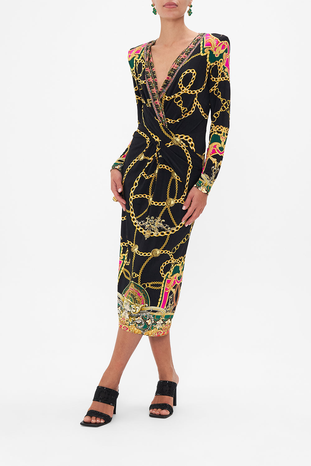 Front view of model wearing CAMILLA jersey dress in Jealousy And Jewels print