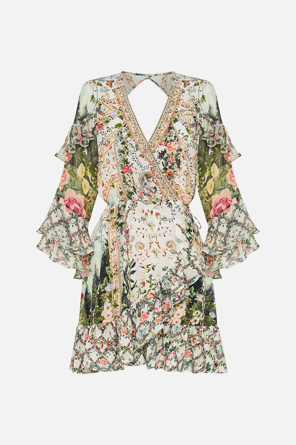Product view of CAMILLA silk wrap dress in Renaissance Romance print