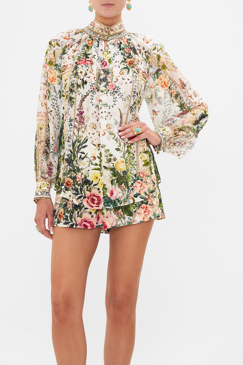 Crop view of model wearing CAMILLA womens silk shirt in Renaissance Romance print