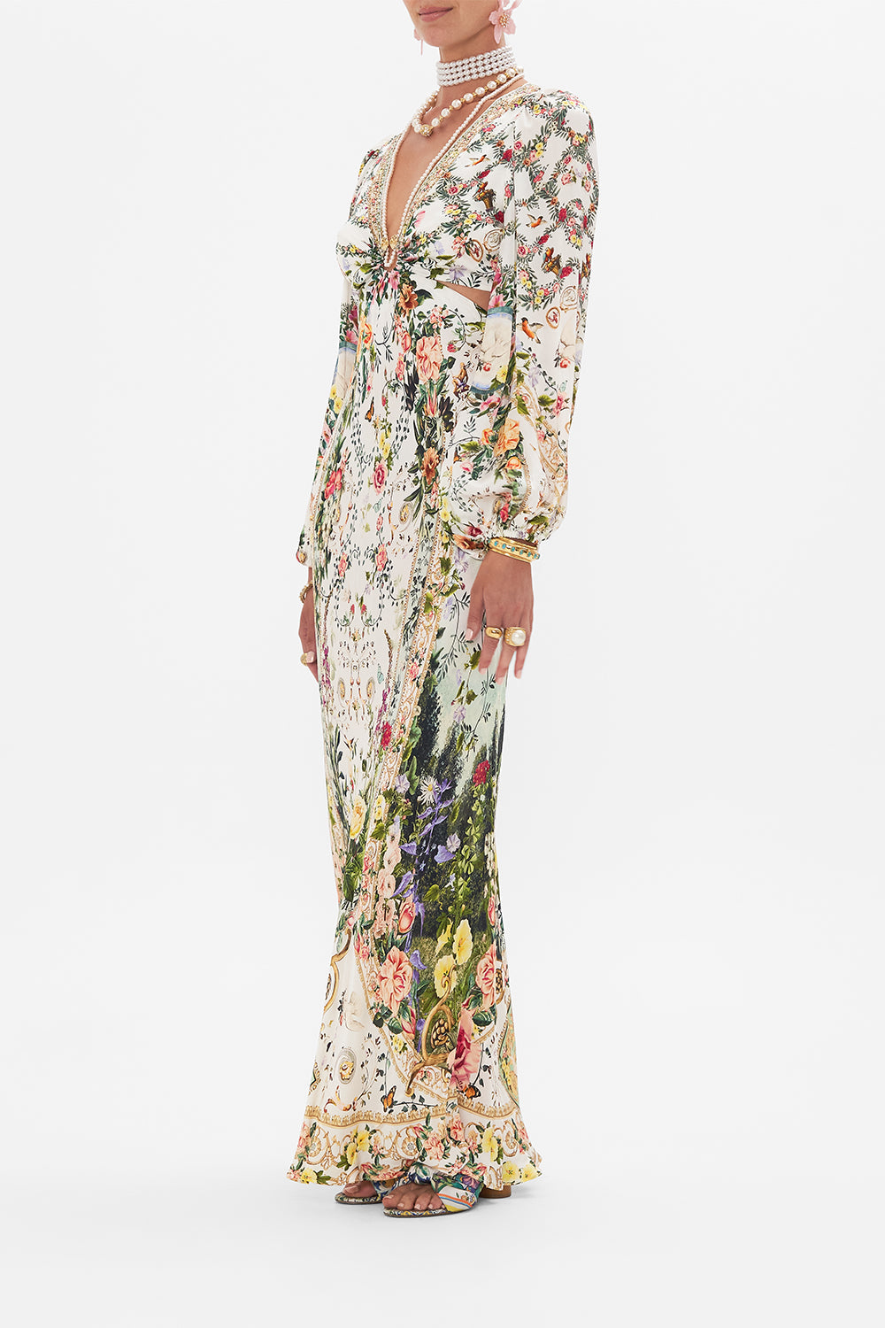 Side view of model wearing CAMILLA silk cut out dress in Renaissance Romance print