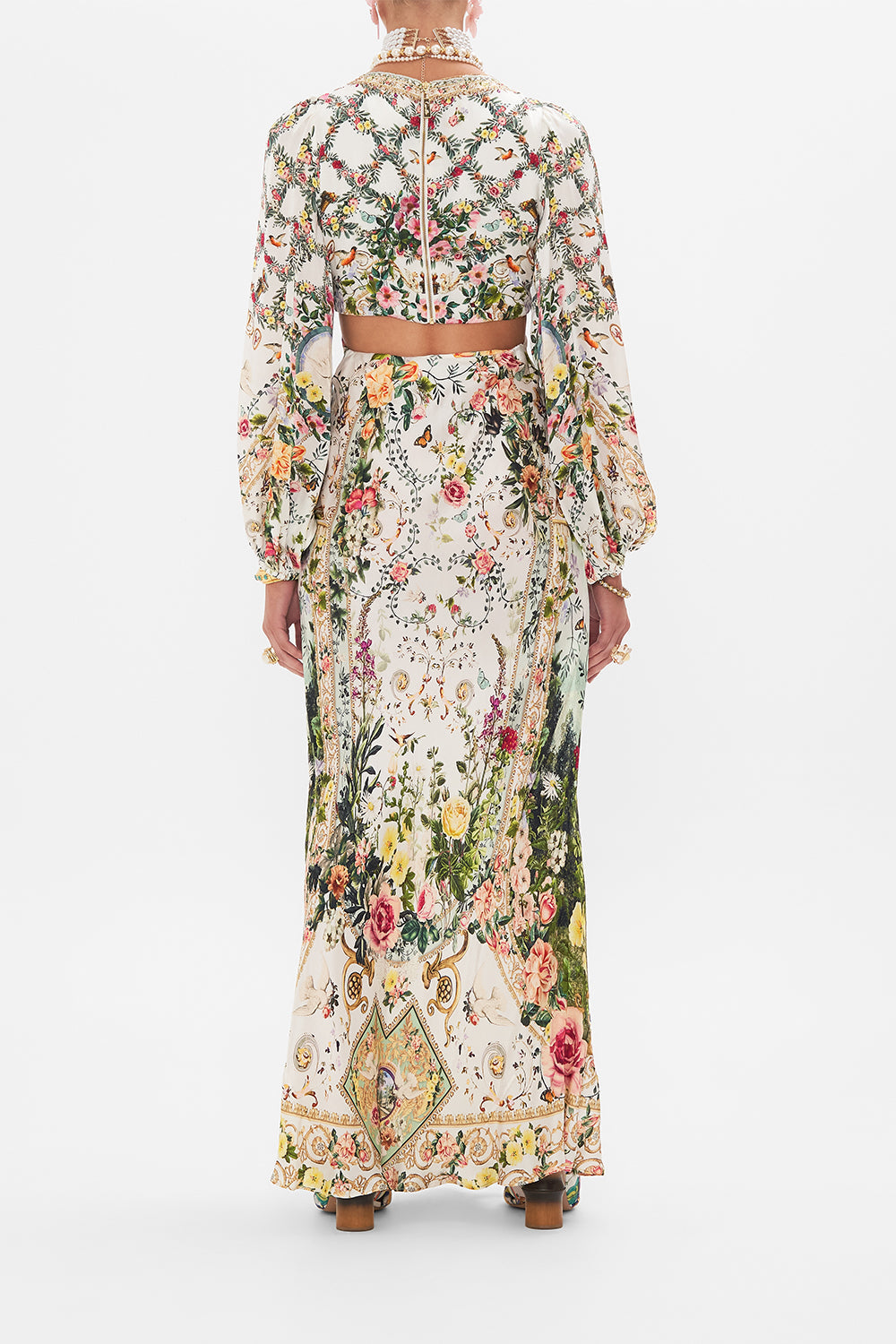 Back view of model wearing CAMILLA silk cut out dress in Renaissance Romance print