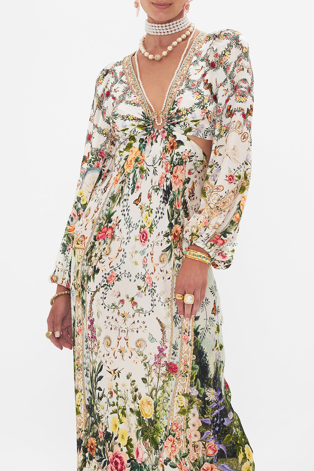 Detail view of model wearing CAMILLA silk cut out dress in Renaissance Romance print