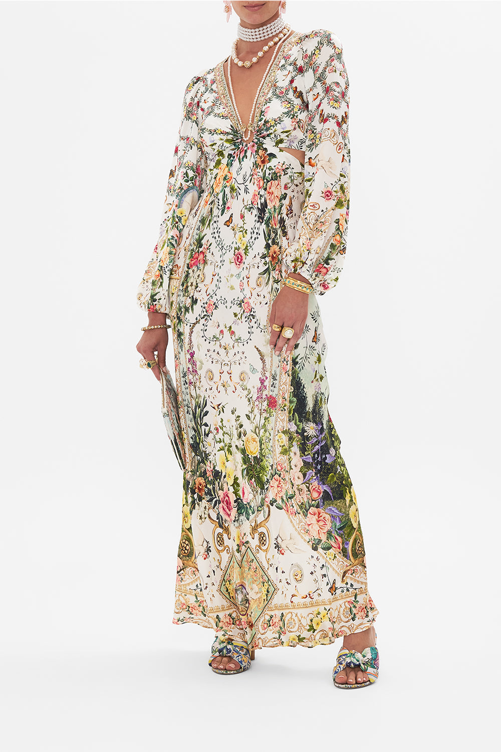 Front view of model wearing CAMILLA silk cut out dress in Renaissance Romance print