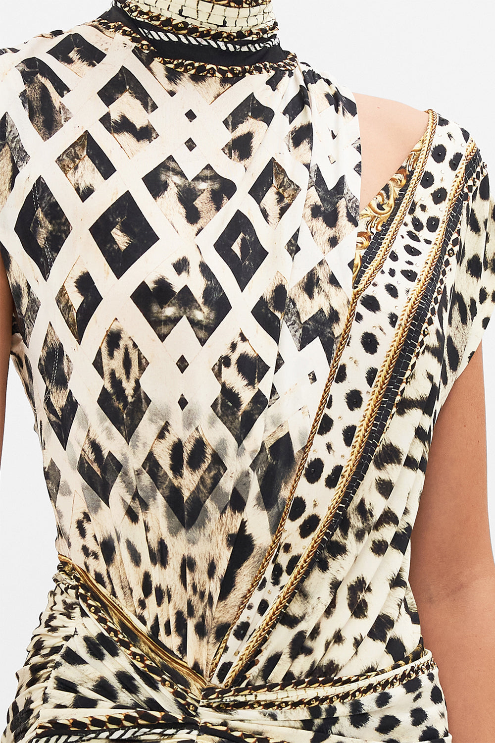 Detail view of model wearing CAMILLA jersey animal print dress in Mosaic Muse print