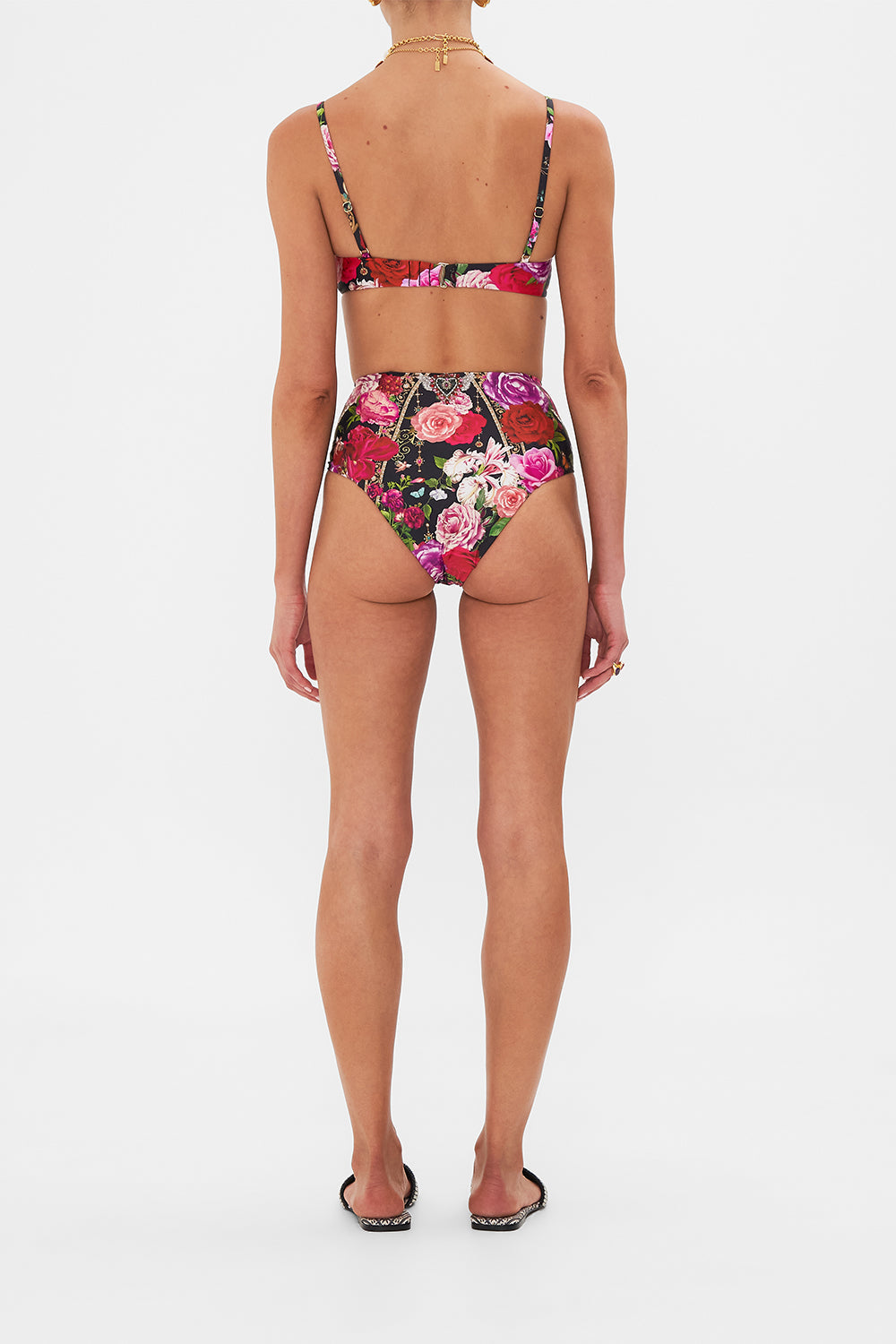 Back view of model wearing CAMILLA floral bra in Reservation For Love print