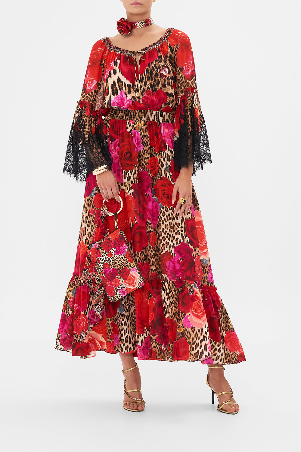 Front view of model wearing CAMILLA floral silk maxi drress in Heart Like A Wildflower print