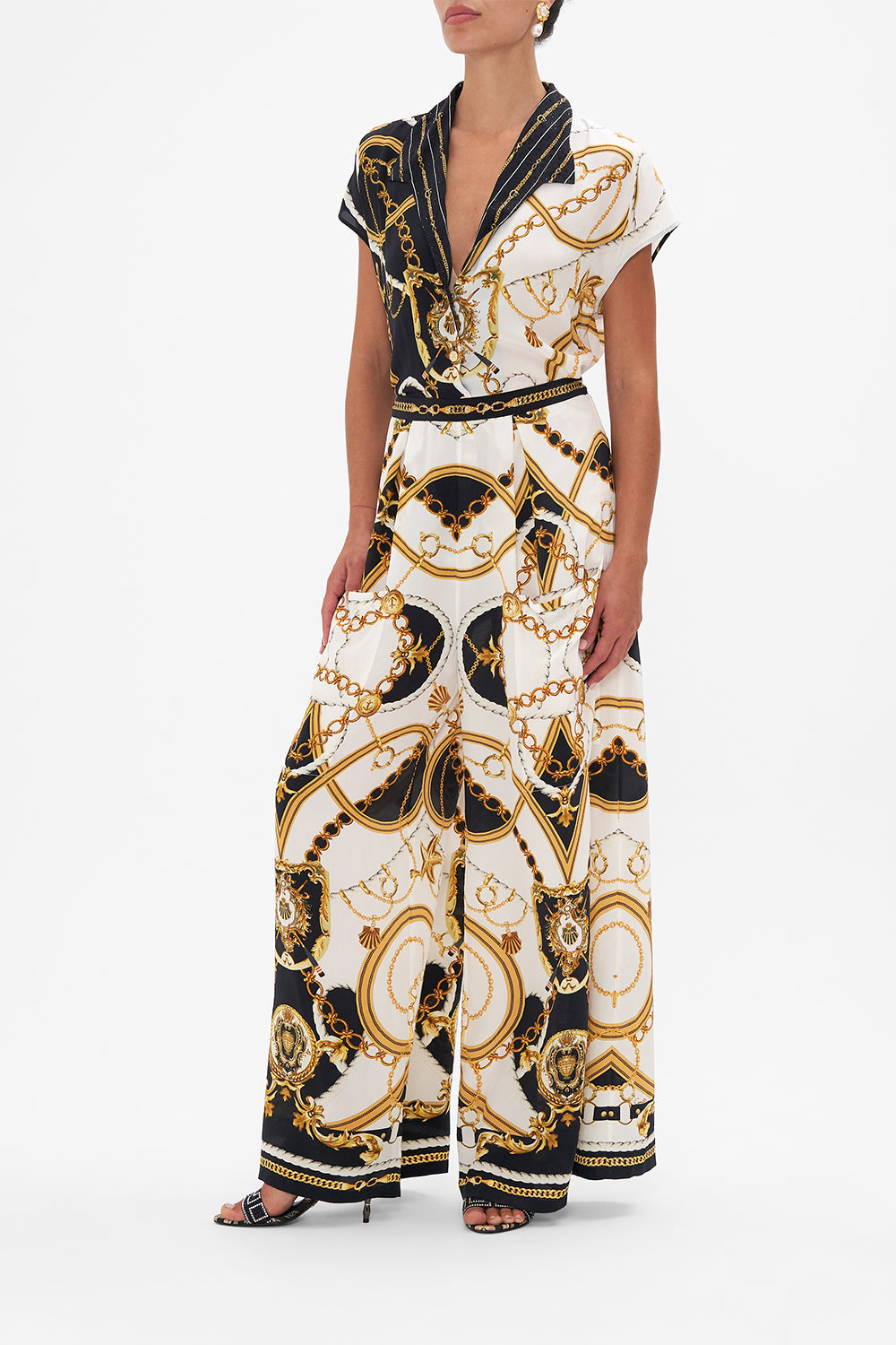 Side view of model wearing silk shirt in Coast To Coast print