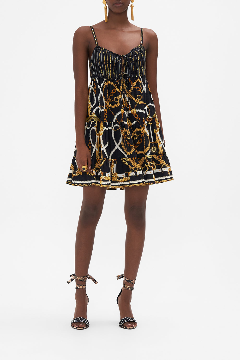 Front view of model wearing CAMILLA chain print mini dress in Coast to Coast print