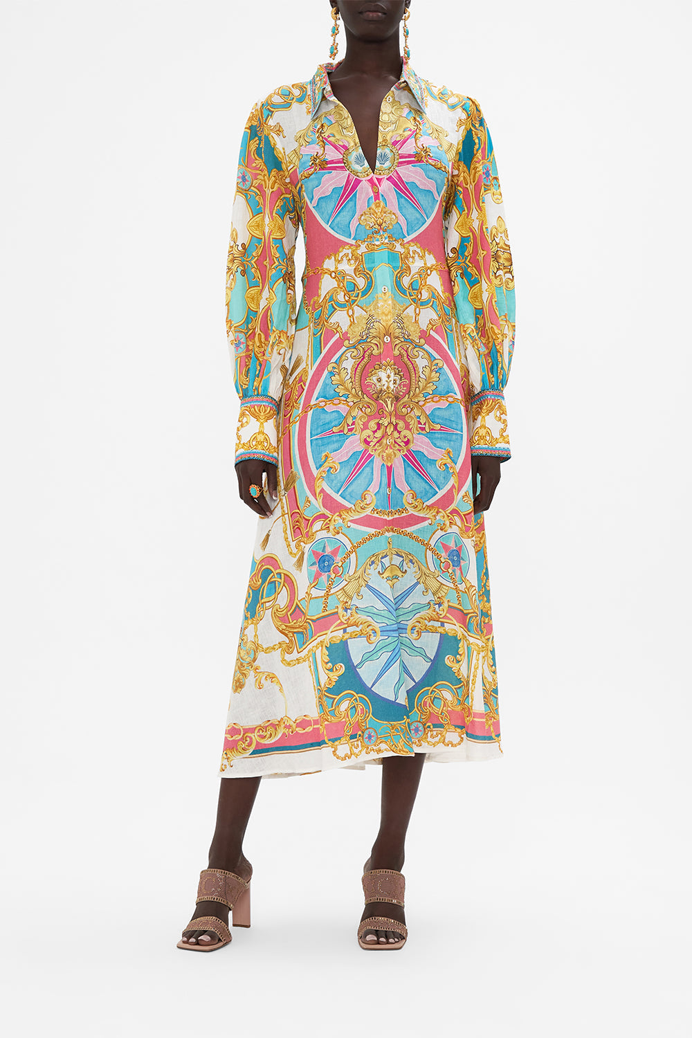 Front view of model wearing CAMILLA shirt dress in Sail Away With me print