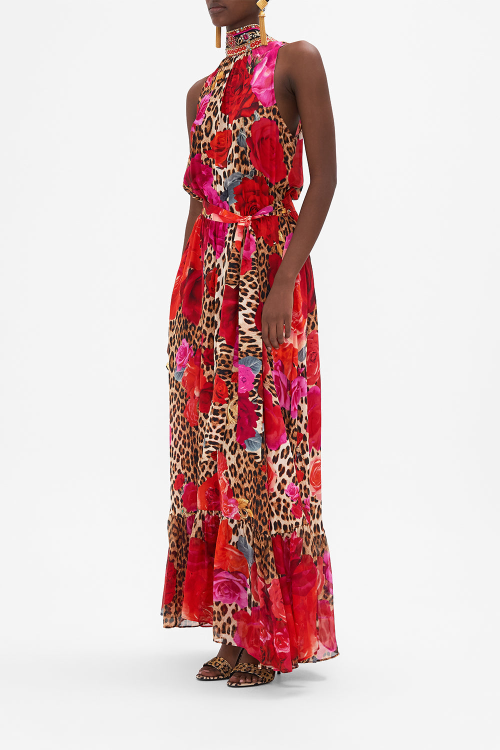 Side view of model wearing CAMILLA floral silk dress with neck tie in Heart Likle A Wildflower print