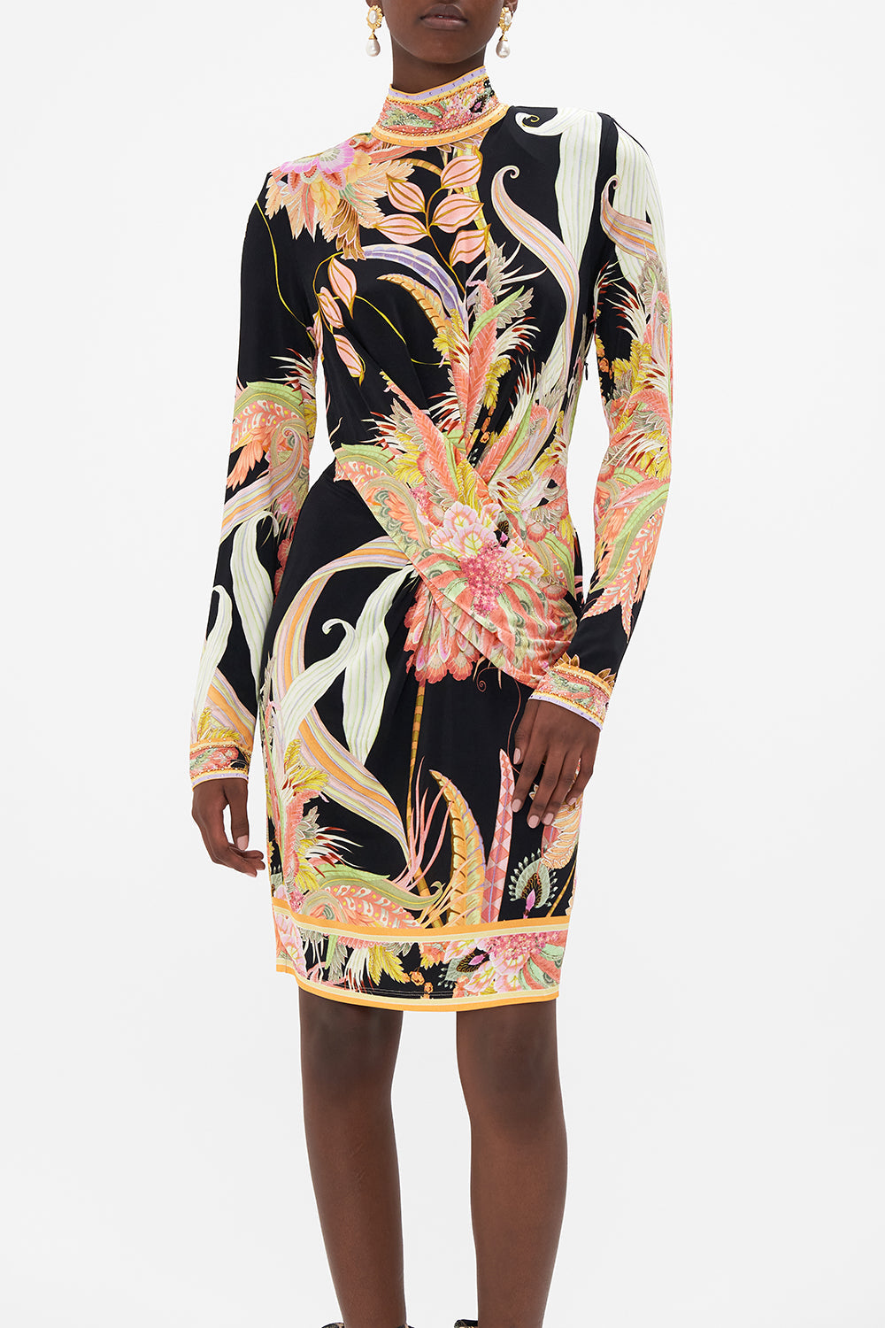 Detail view of CAMILLA designer jersey mini dress in Lady of The Moon print
