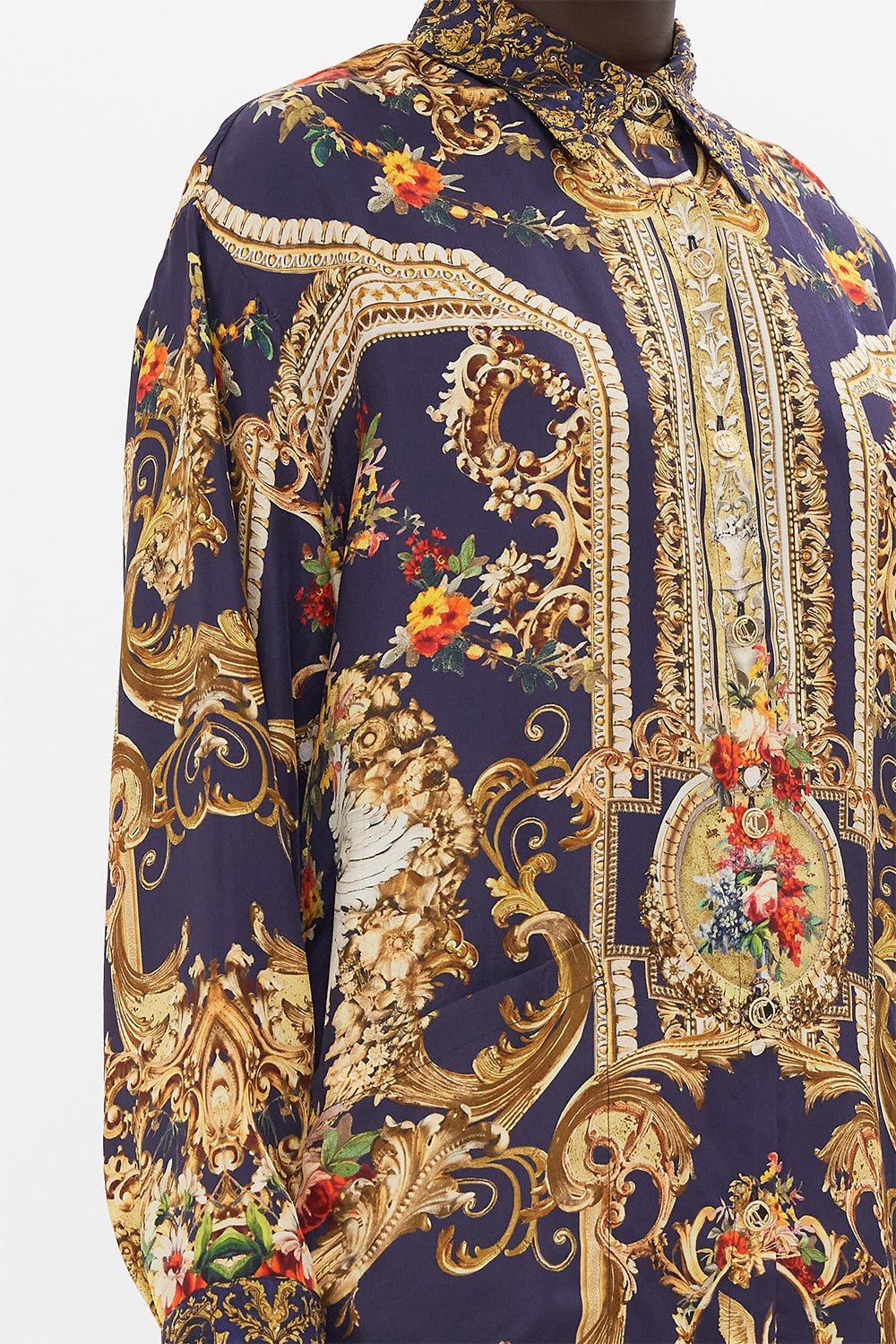 Detail view of model wearing CAMILLA floral shirt tunic in Flowers Of Neptune print