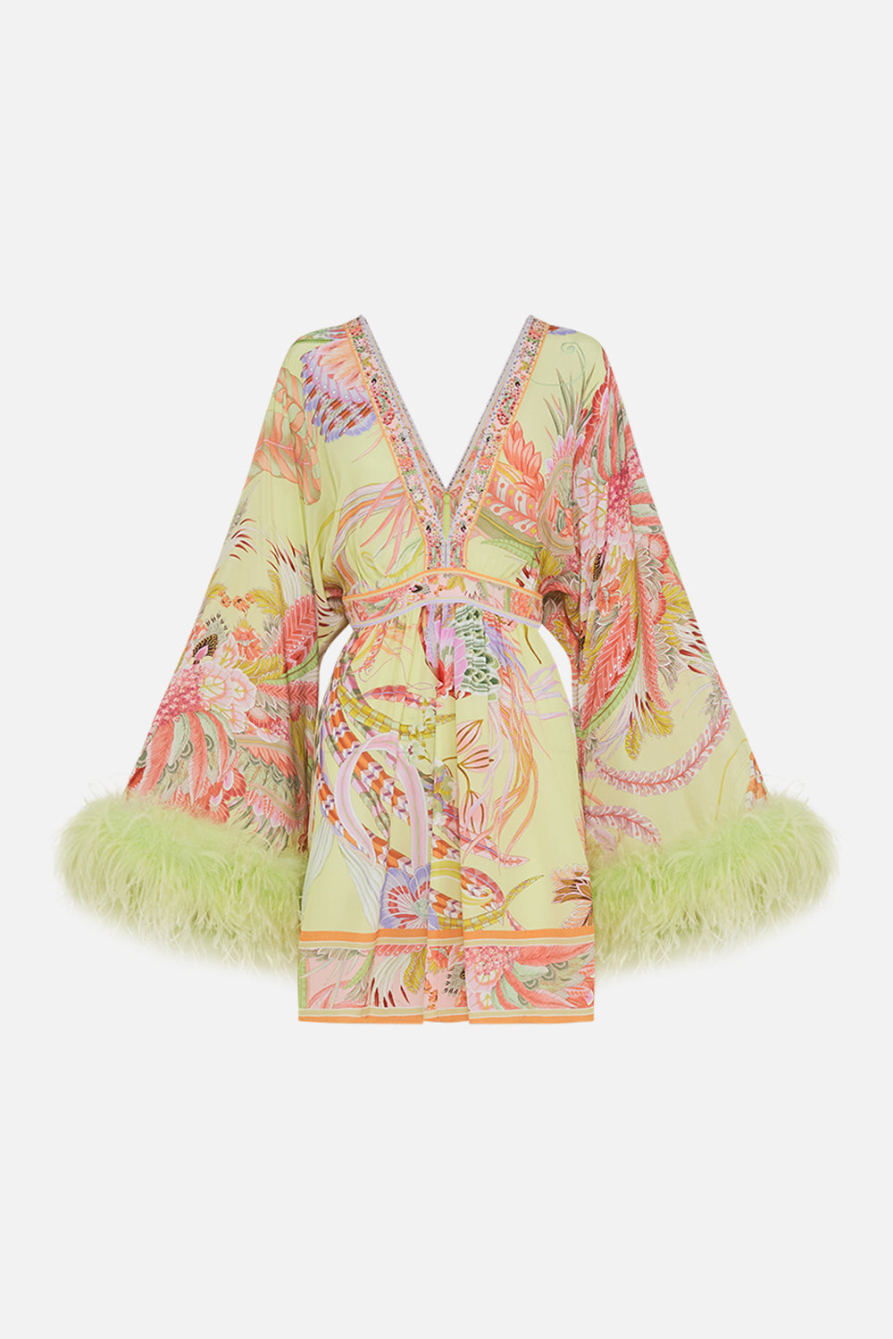 Product view of CAMILLA silk kimono mini dress with feathers in Cosmic Tuscan print