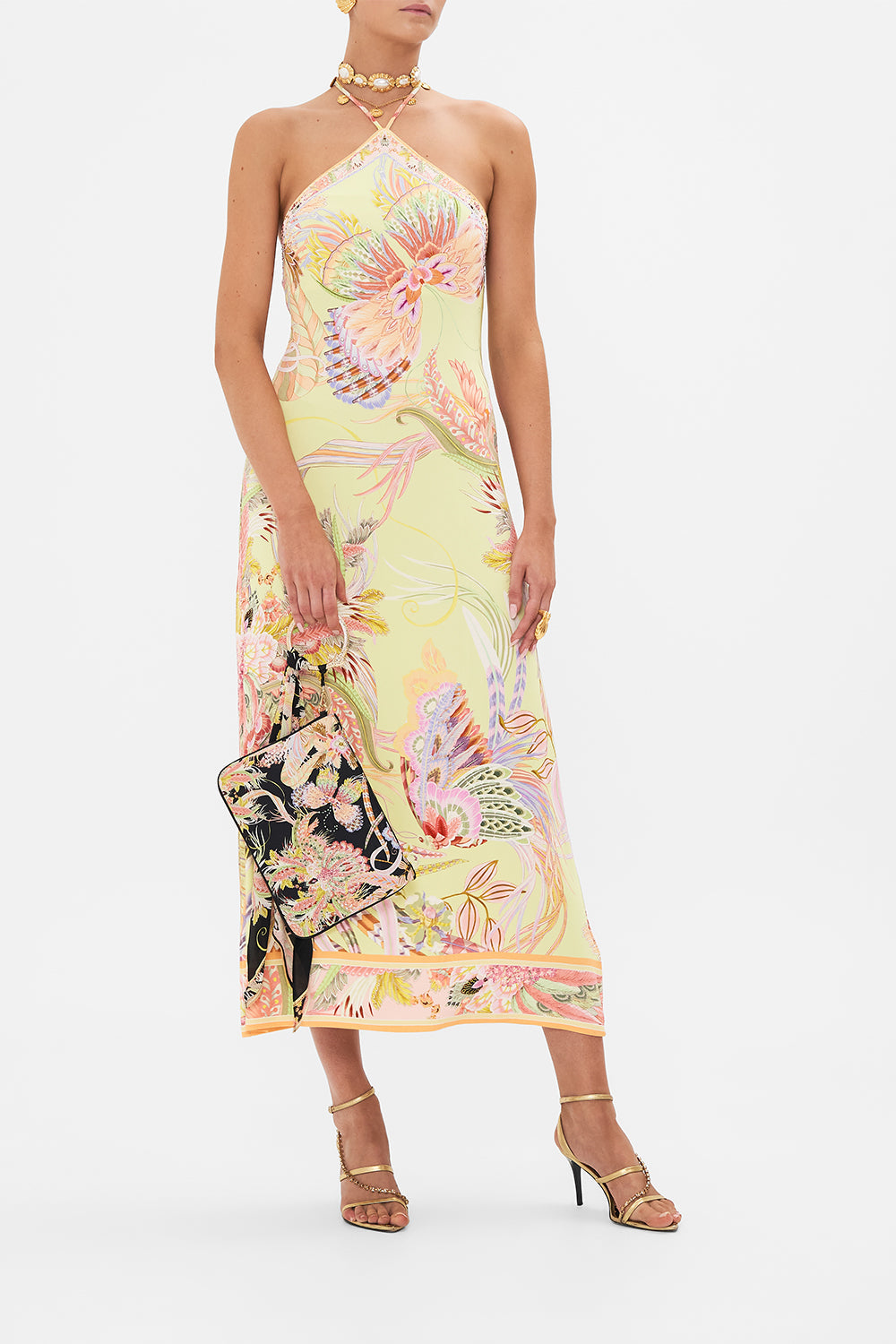 Front view of model wearing CAMILLA jersey maxi dress in Cosmic Tuscan print