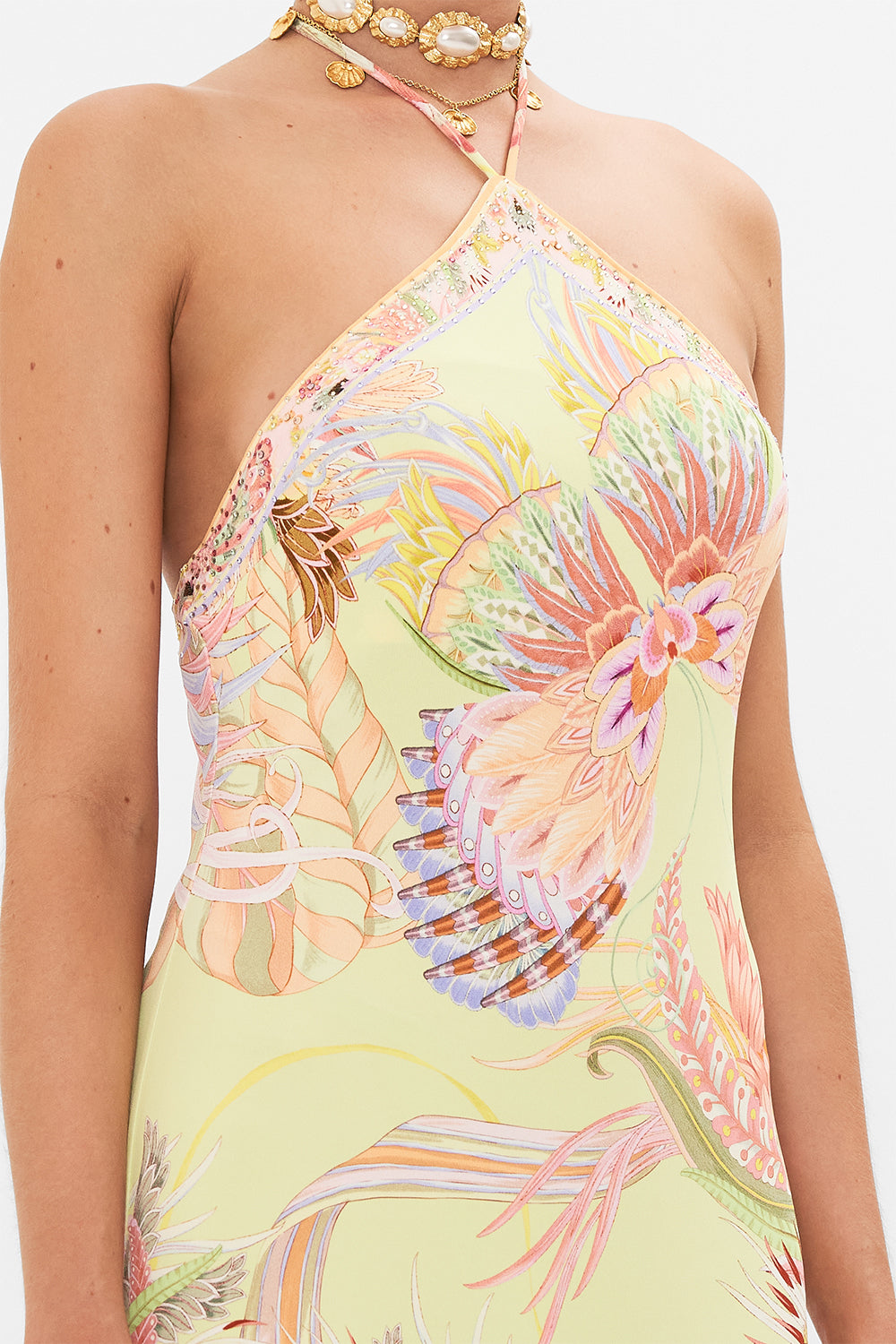 Detail view of model wearing CAMILLA jersey maxi dress in Cosmic Tuscan print