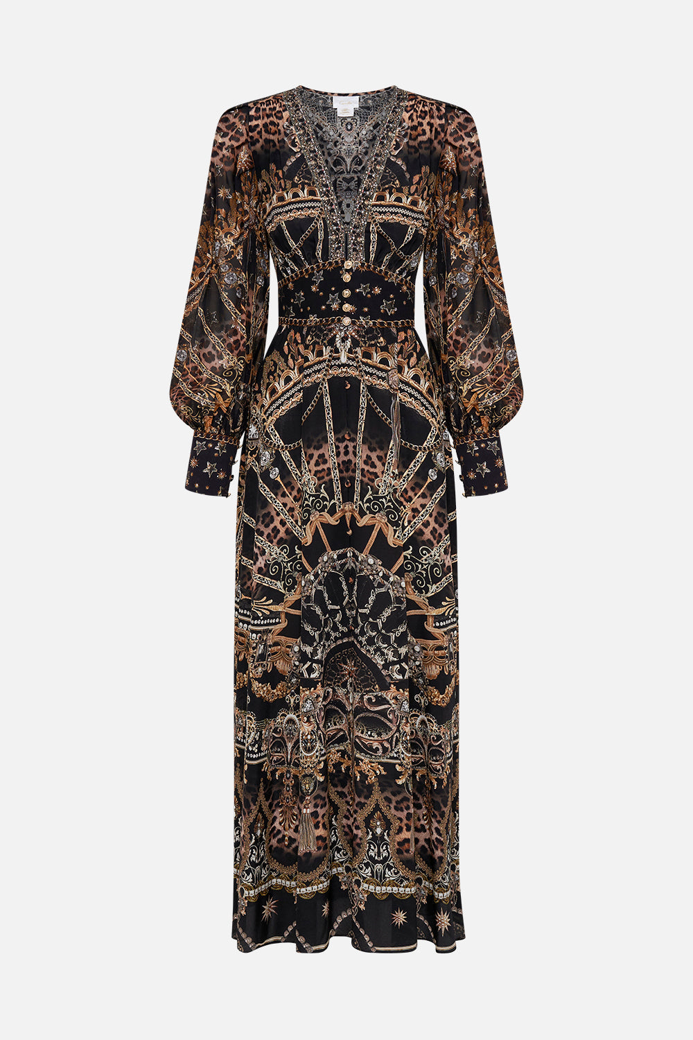 Product view of model wearing CAMILLA silk dress in Masked Moonlight print