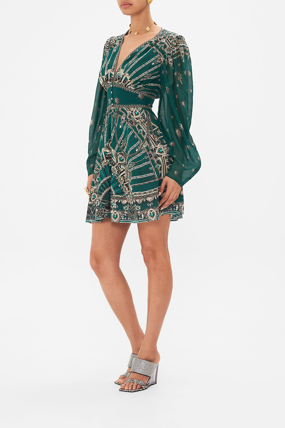 Side view of model wearing CAMILLA silk drop sleeve dress in A Venice Veil print