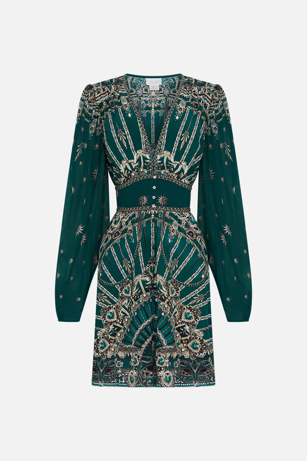CAMILLA long sleeve green dress with waistband in A Venice Veil print