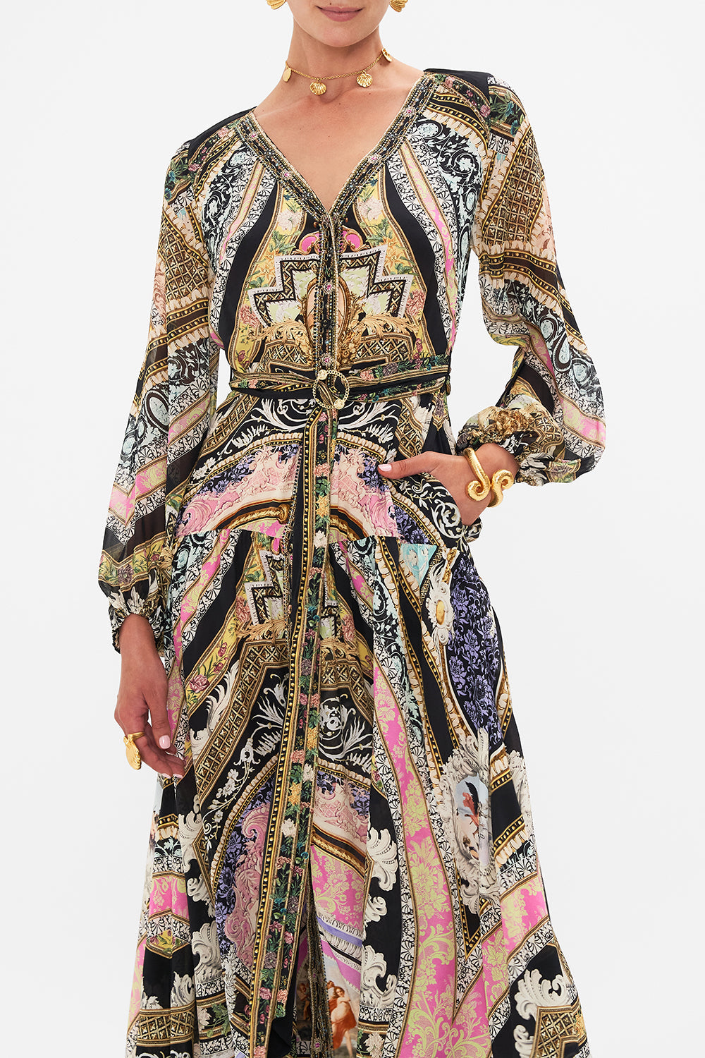 Crop view of model wearing CAMILLA silk maxi dress in Florence Field Day print