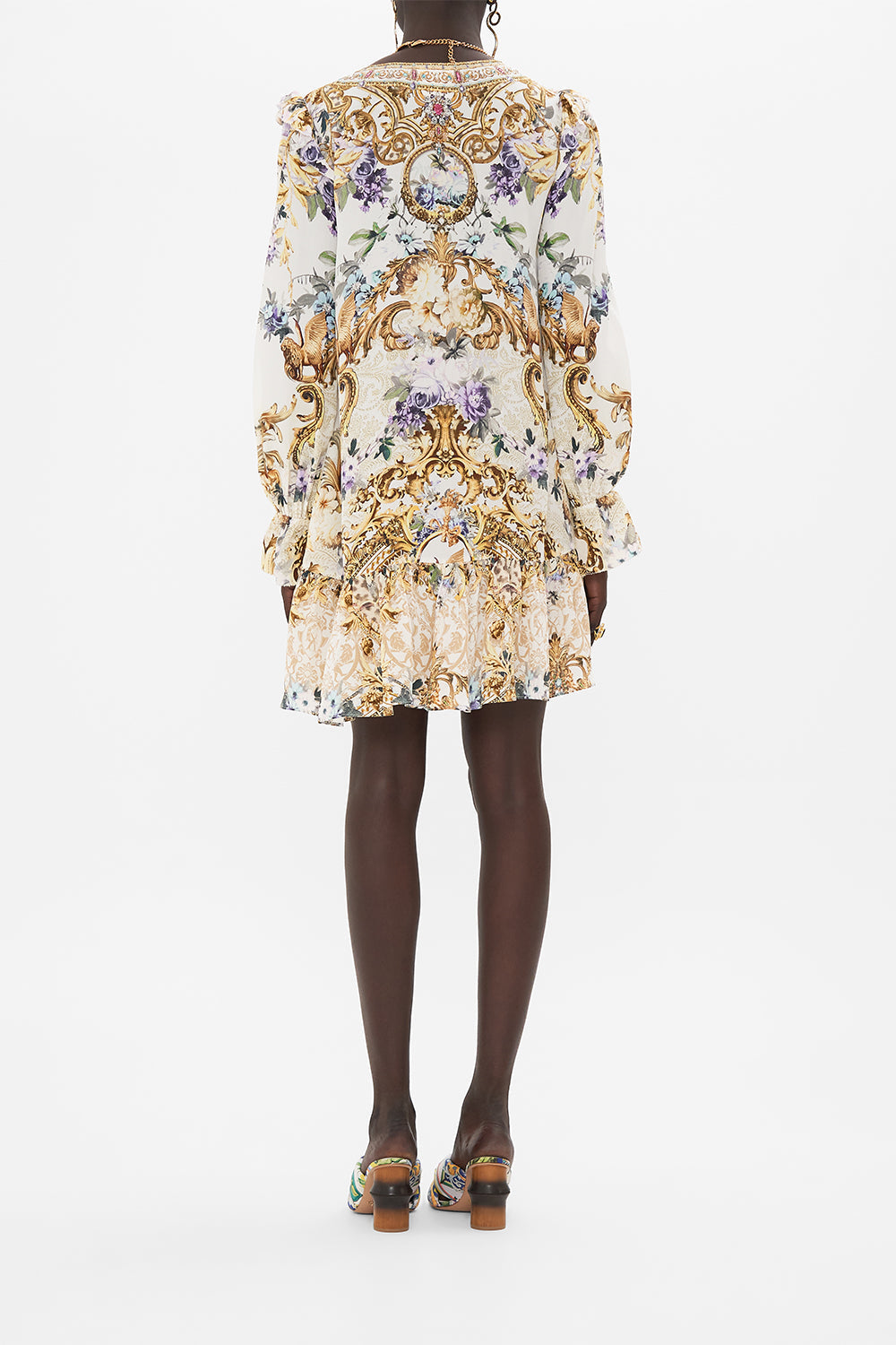 Back view of model wearing CAMILLA silk ruffle dress in Palazzo playdate print