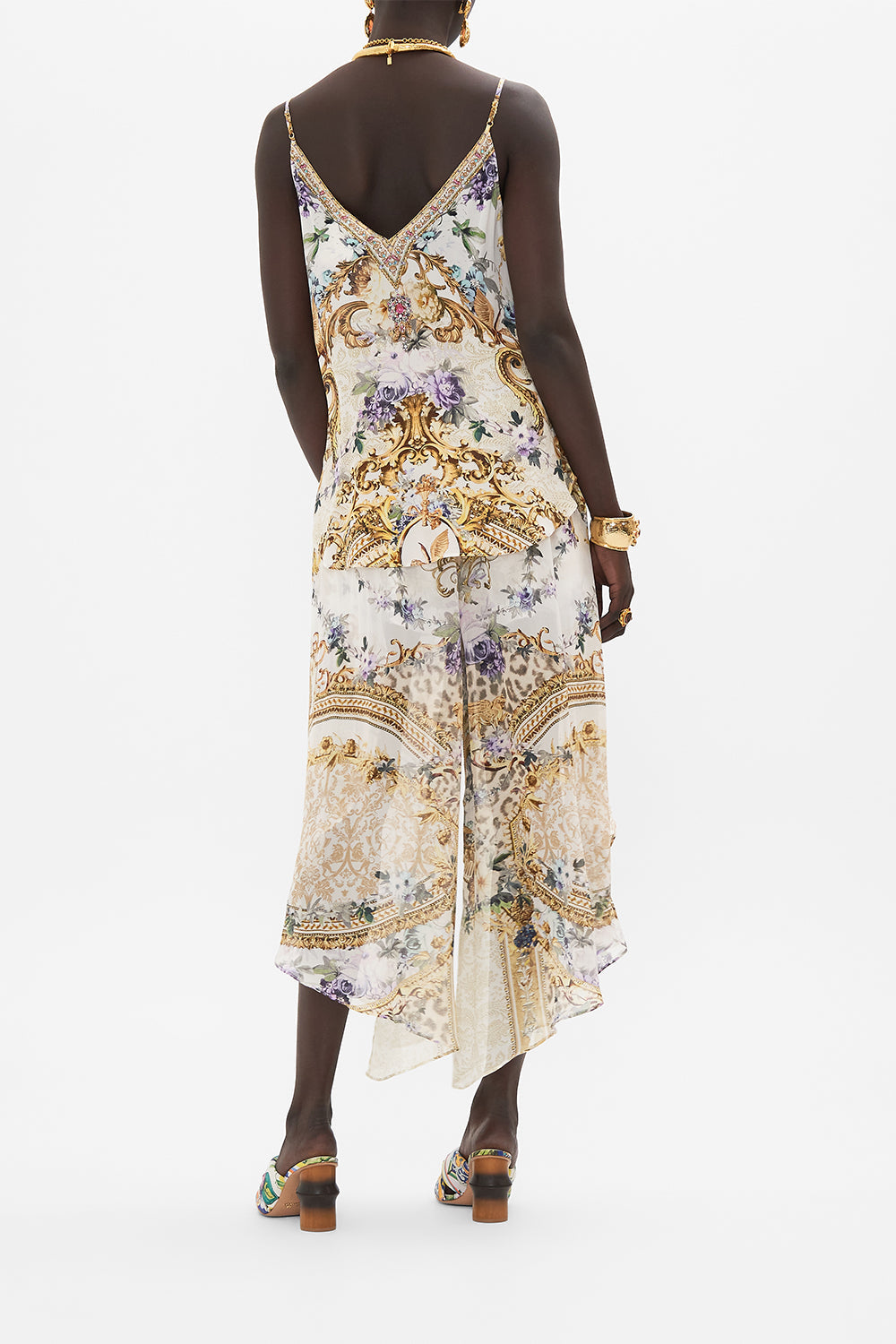 Back view of model wearing CAMILLA silk cami in Palazzo Playdate print