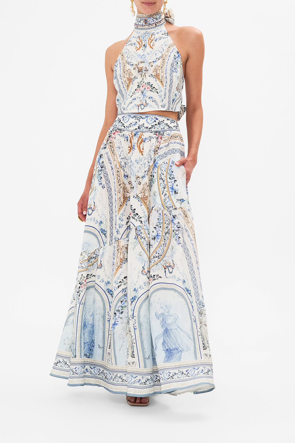 Front view of model wearing CAMILLA designer skirt in Season Of The Siren print