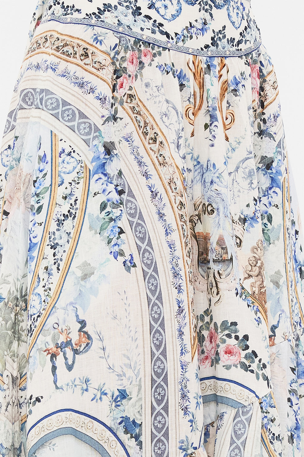 Detail view of model wearing CAMILLA designer skirt in Season Of The Siren print