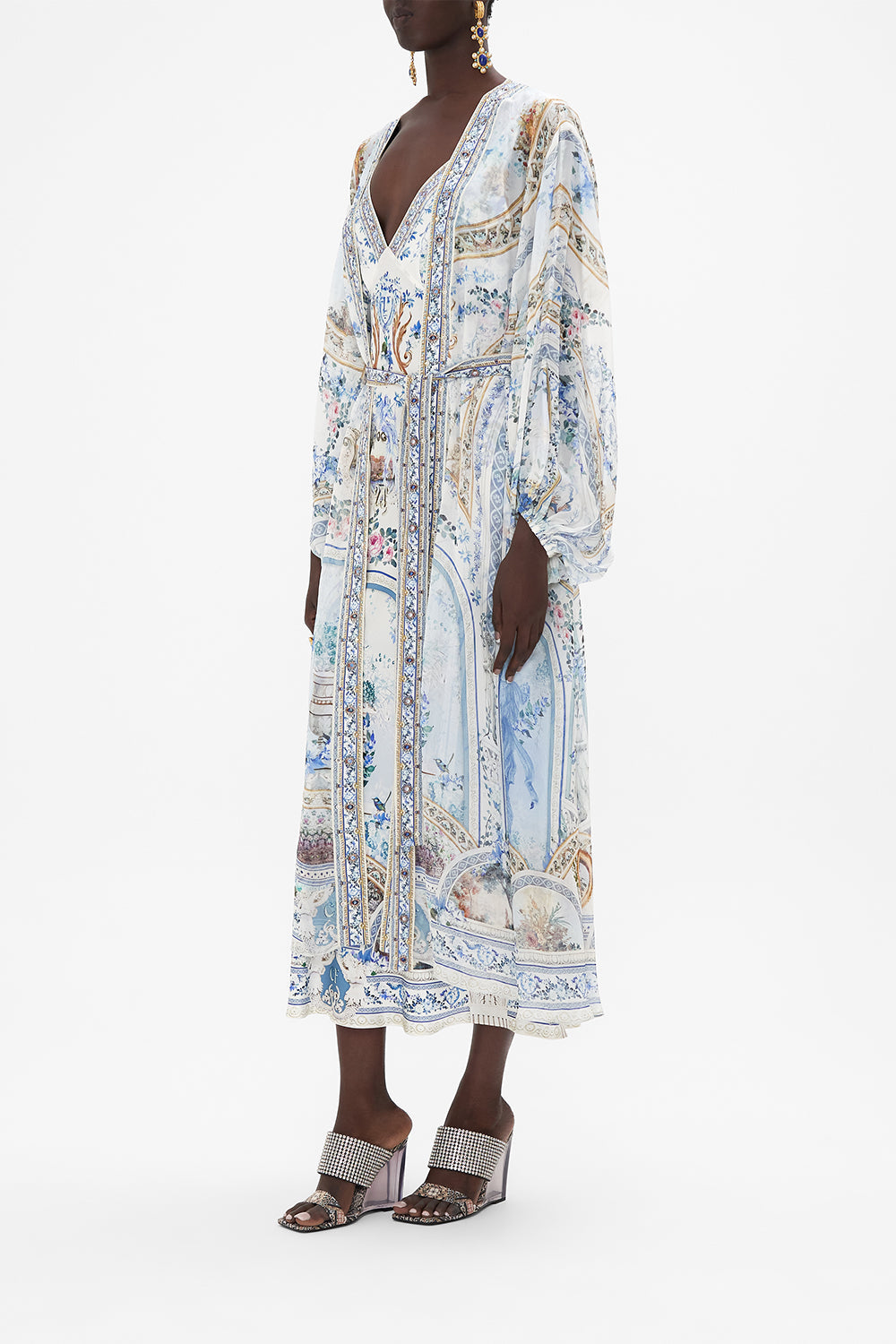 Side view of model wearing CAMILLA silk jacket in Season Of The Sirenprint