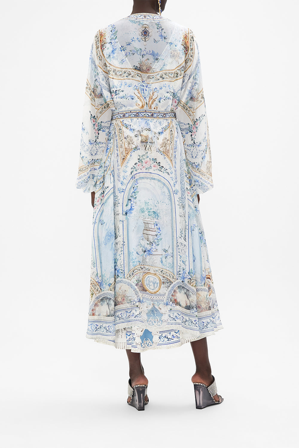 Back view of model wearing CAMILLA silk jacket in Season Of The Sirenprint