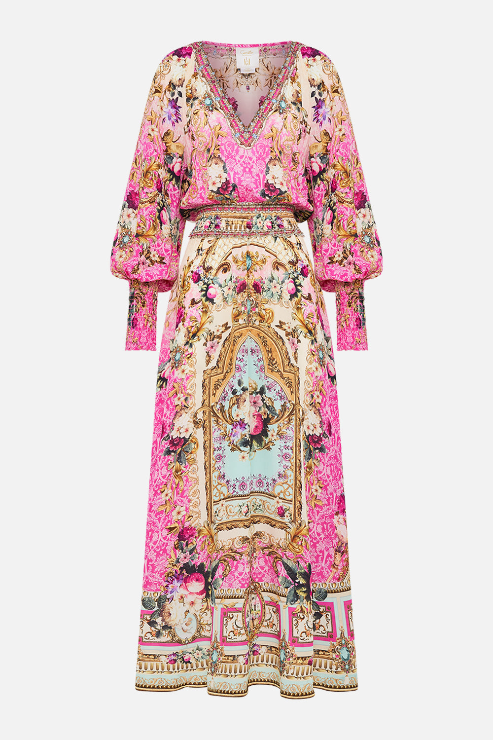 Product view of CAMILLA silk pink maxi dress in Call Of The Canal print
