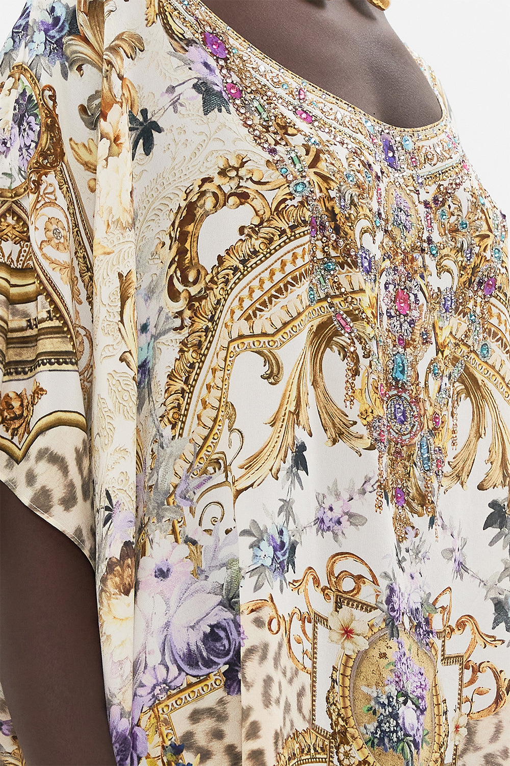Detail view of model wearing CAMILLA silk kaftan in Palazzo Playdate print
