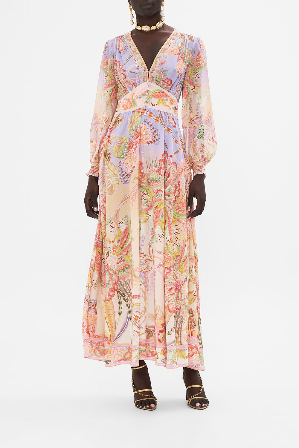 Front view of model wearing CAMILLA designer silk dress in Cosmic Tuscan print