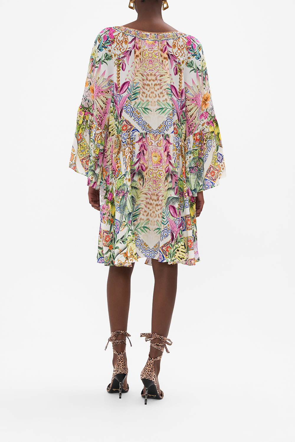 Back view of model wearing CAMILLA a line floral dress in Flowers Of Neptune print