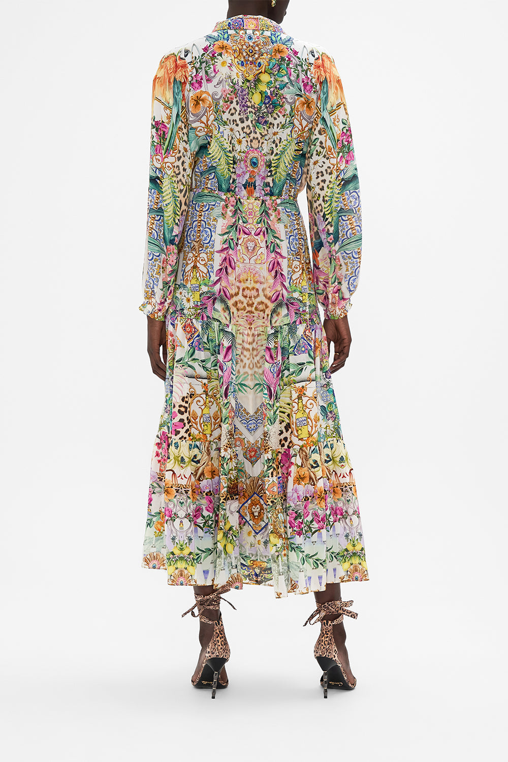 Back view of model wearing CAMILLA maxi shirt dress in Fkowers Of Neptune print