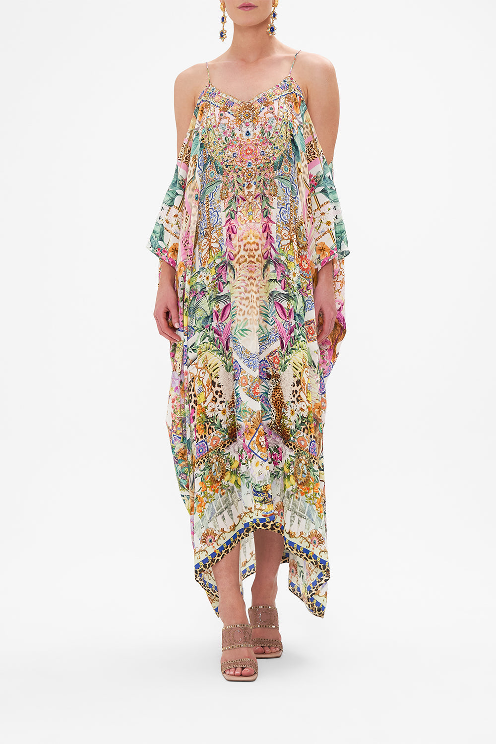 Front view of model wearing CAMILLA resortwear kaftan in Flowers Of Neptune print